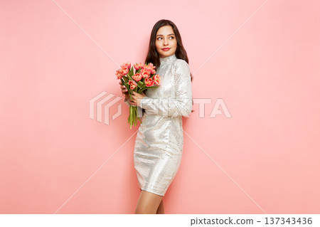 Happy beauty woman with pink tulip bouquet Happy beauty woman with pink tulip bouquet 137343436