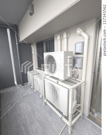 Air conditioner outdoor unit and two-tier rack installed on the balcony of an apartment building, and outdoor piping decorative cover 137343562