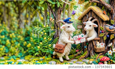 A goat postman drawn in wool art style A goat postman drawn in wool art style 137343601