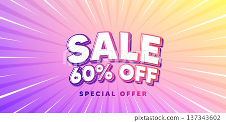 Sale sun rays gradient banner. Light burst background. Sale 60 percent off discount. Promotion price offer sign. Retail badge symbol. Gradient sun rays. Sunburst light. Vector 137343602