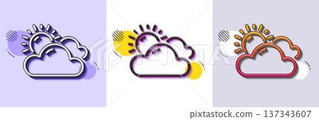 Sunny weather forecast line icon. Halftone dotted pattern. Gradient icon with grain shadow. Clouds with sun sign. Cloudy sky symbol. Line sunny weather icon. Various designs. Vector 137343607