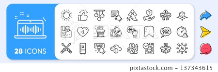 Fake information, Qr code and Sun energy line icons. Interest rate, AI generate, Inflation icons. Pack of Music making, Protection shield, Fuel price icon. Vector 137343615