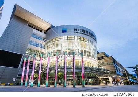 Night view of the Taipei Nangang Exhibition Center Hall 1 in Taiwan. 137343665