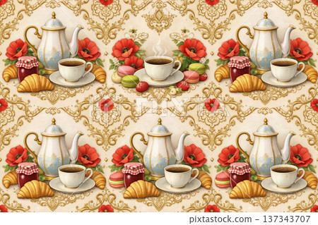 Aesthetic Morning Coffee Pattern with Red Flowers and Pastries 137343707