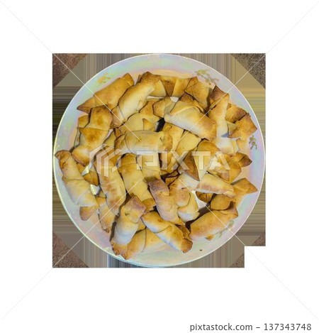 Homemade Baked Pastry Rolls on Plate Isolated on Transparent Background. High quality photo Homemade Baked Pastry Rolls on Plate Isolated on Transparent Background. High quality photo 137343748