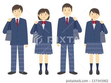 Set of illustrations of students wearing uniforms and carrying bags_navy blue Set of illustrations of students wearing uniforms and carrying bags_navy blue 137343902