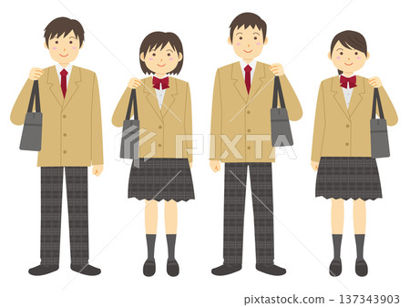 Set of illustrations of students wearing uniforms and carrying bags_Beige Set of illustrations of students wearing uniforms and carrying bags_Beige 137343903
