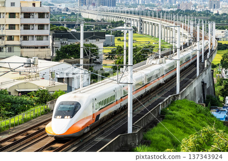 Overlooking view of the Taiwan High Speed Rail trains passing Changhua in Taiwan. It is the only high-speed railway in Taiwan. Overlooking view of the Taiwan High Speed Rail trains passing Changhua in Taiwan. It is the only high-speed railway in Taiwan. 137343924