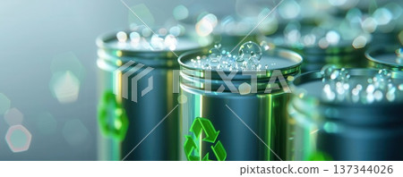 Close-up of eco-friendly cans with recycling symbols, bubbles, and a sparkling background, emphasizing sustainability and green practices. 137344026