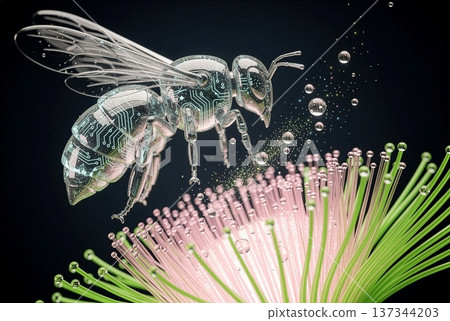 Transparent Robotic Bee Pollinating Glowing Fiber Optic Flower with Advanced AI Technology Transparent Robotic Bee Pollinating Glowing Fiber Optic Flower with Advanced AI Technology 137344203