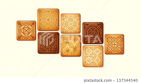 Geometric Japanese Design, golden Chinsuko shortbread cookies, traditional geometric patterns imprinted, in earthy tones of golden brown, sand beige, ivory 137344540