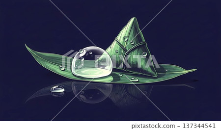 Minimalist Ink Wash Style, Sankaku Chimaki, Traditional Japanese Triangular Rice Dumplings Wrapped in Bamboo Leaves , dew drops, in a palette of transparent crystal, soft green, deep navy 137344541