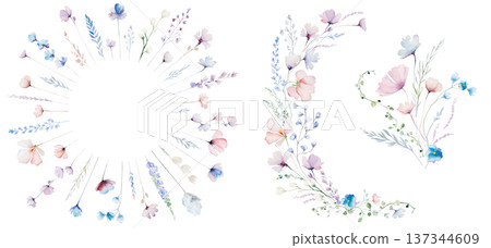 Hand drawn watercolor floral frame and bouquets set for wedding and baby shower invitations 137344609