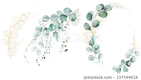 Hand drawn watercolor eucalyptus wreath and bouquets set for wedding and baby shower invitations Hand drawn watercolor eucalyptus wreath and bouquets set for wedding and baby shower invitations 137344618