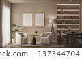 Premium Dining and Living Area Mockup in Cloud Dancer Pantone Color with LED Shelves, Modern Armchairs and Dual Art Frames 137344704