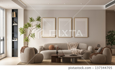 Luxury Curved Furniture Interior Mockup in Cloud Dancer Colors with Modern Sofa, Triple Poster Frame Display and Biophilic Houseplant Decoration Luxury Curved Furniture Interior Mockup in Cloud Dancer Colors with Modern Sofa, Triple Poster Frame Display and Biophilic Houseplant Decoration 137344705