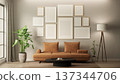 Modern Living Room Interior Mockup in Cloud Dancer Off-White Tones with Orange Sofa, Gallery Frame Wall and Biophilic Plants 137344706