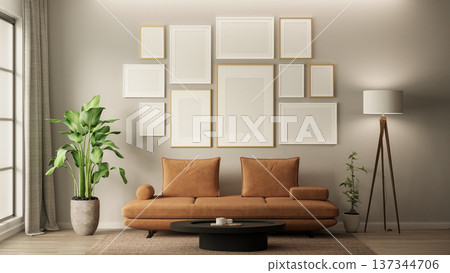 Modern Living Room Interior Mockup in Cloud Dancer Off-White Tones with Orange Sofa, Gallery Frame Wall and Biophilic Plants 137344706