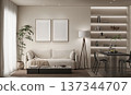Luxury Living Room and Workspace Interior Mockup in Cloud Dancer Beige with LED Bookshelf, Sofa and Dual Poster Frames 137344707