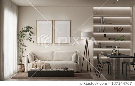 Luxury Living Room and Workspace Interior Mockup in Cloud Dancer Beige with LED Bookshelf, Sofa and Dual Poster Frames 137344707