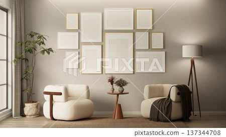 Minimalist Interior Mockup with Cloud Dancer Walls, Pair of Modern White Armchairs and Large Gallery Frame Display 137344708