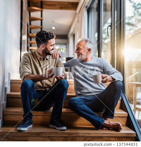 Two men share a joyful moment while sitting on steps with coffee during morning hours in a bright, cozy home setting 137344831