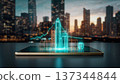 Futuristic cityscape with data graph displayed on a tablet in an urban setting during sunset hours 137344844