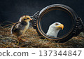 Symbolic encounter between a chick and an eagle in a dark setting with a mirror reflecting the eagle's gaze 137344847