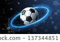 Futuristic soccer ball floating in space with glowing digital ring and particles around it 137344851