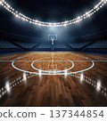 Basketball court in an indoor arena with bright lights before a game starts at night 137344854