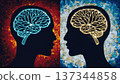Striking illustration of two brain silhouettes with different colored neural patterns on contrasting backgrounds 137344858