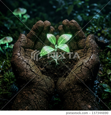 Mystical Hands Nurturing a Glowing Green Plant Seedling in Dark Forest Soil 137344890