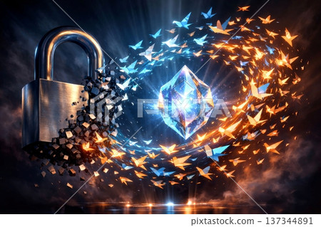 Breaking Digital Padlock Dissolving into Butterflies Reveals Glowing Gem of Freedom and Security. Breaking Digital Padlock Dissolving into Butterflies Reveals Glowing Gem of Freedom and Security. 137344891