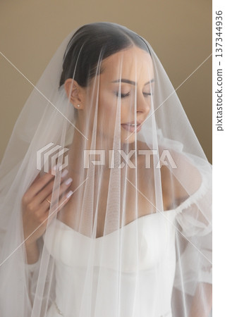Bride wearing white wedding dress and veil posing for photographer Bride wearing white wedding dress and veil posing for photographer 137344936