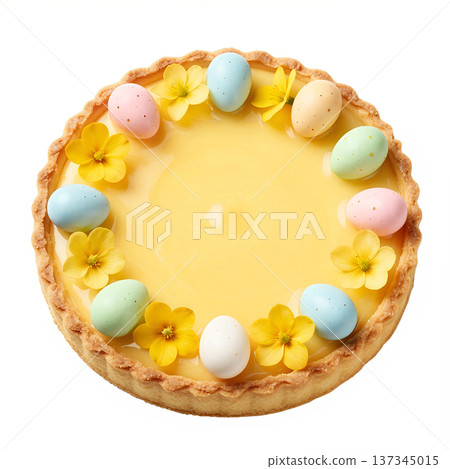 Bright and sunny easter lemon tart with a buttery crust, topped with pastel mini eggs and delicate spring flowers, isolated for holiday content Bright and sunny easter lemon tart with a buttery crust, topped with pastel mini eggs and delicate spring flowers, isolated for holiday content 137345015