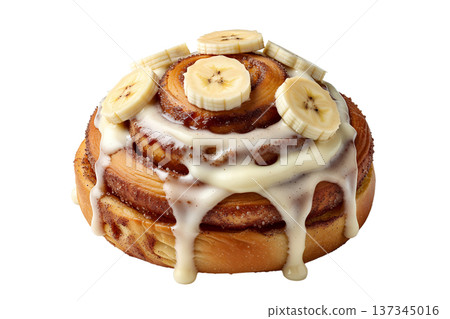 Freshly baked cinnamon roll topped with creamy icing and fresh banana slices, perfect for breakfast blogs, cafe menus, and comfort food photos Freshly baked cinnamon roll topped with creamy icing and fresh banana slices, perfect for breakfast blogs, cafe menus, and comfort food photos 137345016