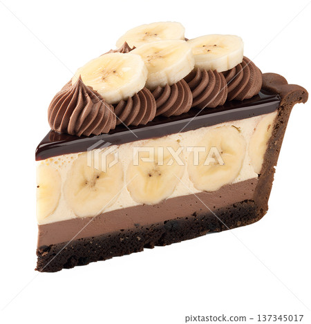 Delicious slice of banana chocolate cream pie with layers of pudding, fresh bananas, and a fluffy whipped cream topping, isolated on transparent background Delicious slice of banana chocolate cream pie with layers of pudding, fresh bananas, and a fluffy whipped cream topping, isolated on transparent background 137345017