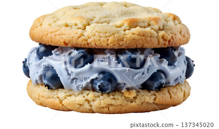 Delicious blueberry ice cream sandwich made with soft cookies and creamy blueberry filling, perfect for summer treats and dessert concepts 137345020