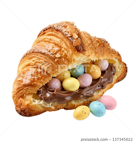 Buttery, flaky croissant spread with rich chocolate hazelnut spread and topped with colorful mini candy easter eggs, a sweet holiday treat 137345022