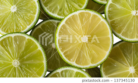 Freshly Sliced Green Limes with Juicy Texture and Bright Citrus Flavor Freshly Sliced Green Limes with Juicy Texture and Bright Citrus Flavor 137345130