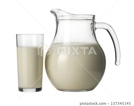 Fresh milk in a glass and jug, perfect for breakfast or coffee 137345145