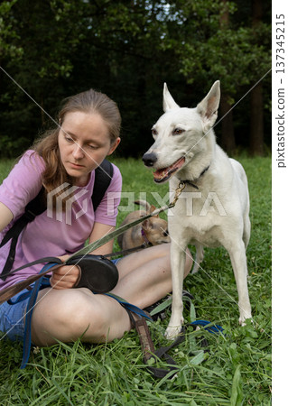 young woman professional dog walker is sitting on green grass with a white dog. young woman professional dog walker is sitting on green grass with a white dog. 137345215