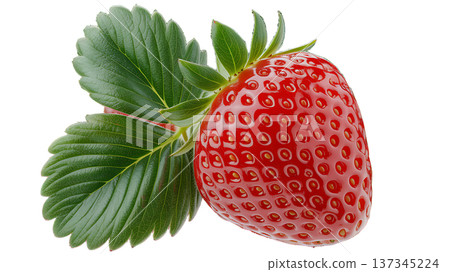 Perfectly Ripe Strawberry with Lush Green Leaves on Pure Background 137345224