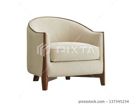 Elegant Cream Ribbed Armchair with Sophisticated Wooden Frame Design 137345234