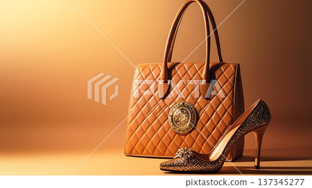 Chic Luxury Handbag and High Heel Shoe on Elegant Background 137345277