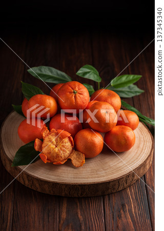 Fresh Tangerines with Leaves on Rustic Wooden Slab Fresh Tangerines with Leaves on Rustic Wooden Slab 137345340