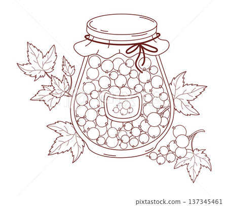 Outline Fresh Homemade Berries Jam in Glass Jar with Paper Lid. Line drawing, coloring page. Vector Illustration. Isolated on White with Leaves Currants Outline Fresh Homemade Berries Jam in Glass Jar with Paper Lid. Line drawing, coloring page. Vector Illustration. Isolated on White with Leaves Currants 137345461