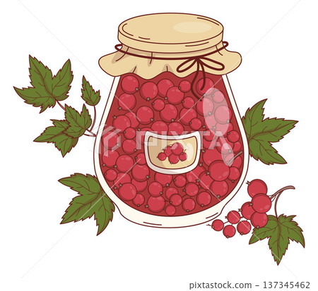 Fresh Homemade Redcurrant Jam in Glass Jar with Craft Paper Lid and Label tag. Vector Illustration. Isolated on White with Leaves Currants Fresh Homemade Redcurrant Jam in Glass Jar with Craft Paper Lid and Label tag. Vector Illustration. Isolated on White with Leaves Currants 137345462