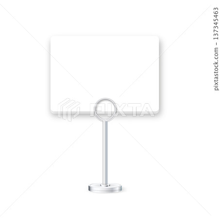 Realistic 3D silver clip displaying blank template on desktop. Perfect mockup for cafe menu, office reminder, business badge, or tabletop presentation flyer. Realistic 3D silver clip displaying blank template on desktop. Perfect mockup for cafe menu, office reminder, business badge, or tabletop presentation flyer. 137345463