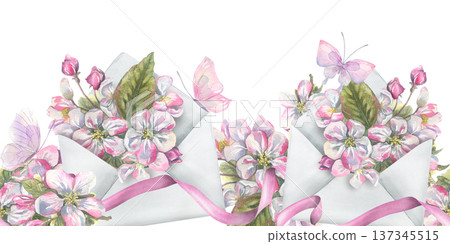 Watercolor illustration of white envelopes with spring apple tree flowers and pink butterflies. Hand drawn summer floral seamless border. Romantic botanical art for greeting card and wedding design. Watercolor illustration of white envelopes with spring apple tree flowers and pink butterflies. Hand drawn summer floral seamless border. Romantic botanical art for greeting card and wedding design. 137345515